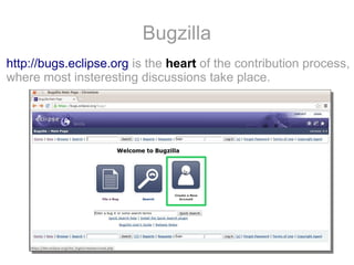 Bugzilla
http://bugs.eclipse.org is the heart of the contribution process,
where most insteresting discussions take place.

 