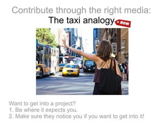 Contribute through the right media:
The taxi analogy

Want to get into a project?
1. Be where it expects you.
2. Make sure they notice you if you want to get into it!

 