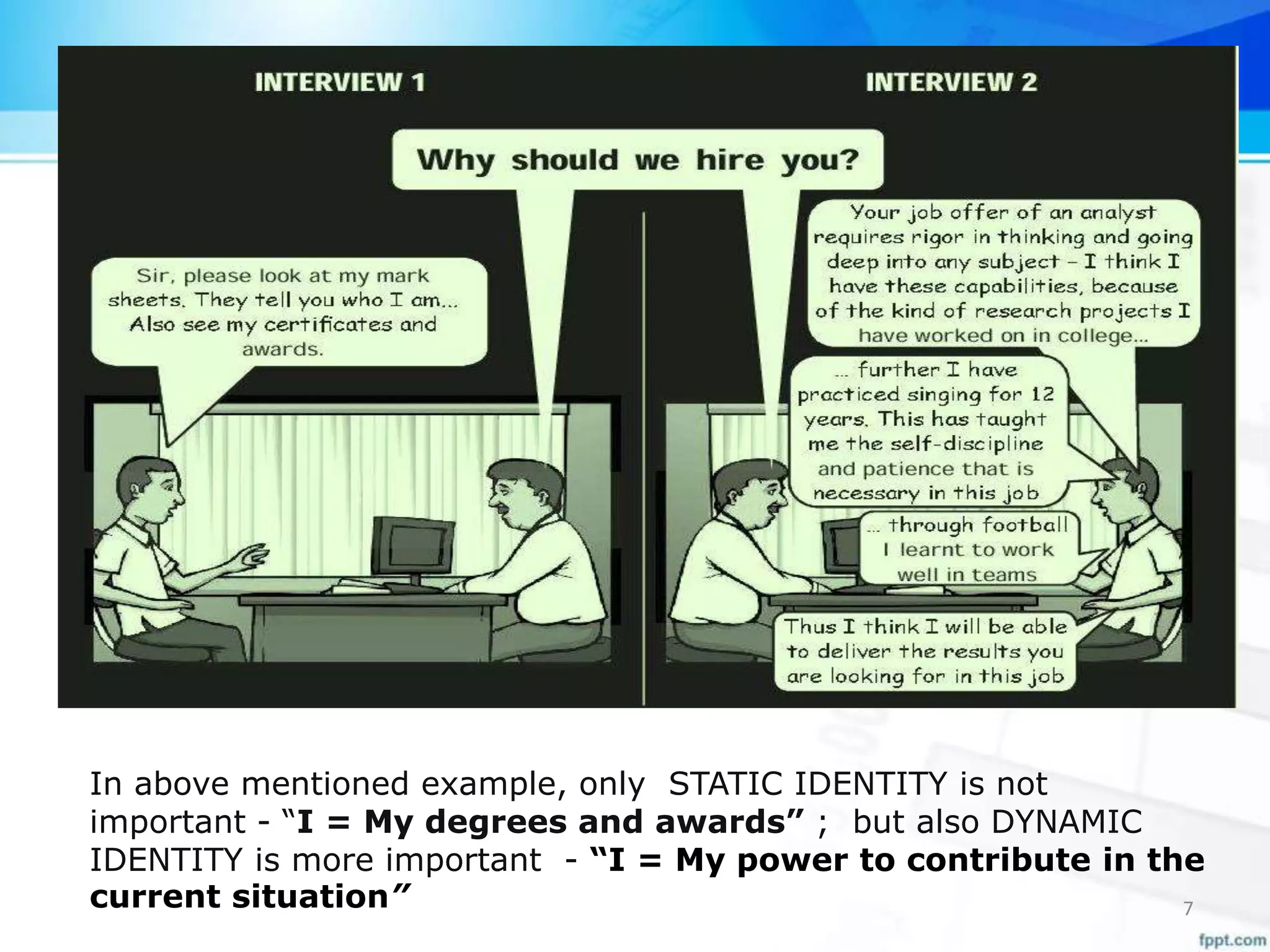 In above mentioned example, only STATIC IDENTITY is not
important - “I = My degrees and awards” ; but also DYNAMIC
IDENTITY is more important - “I = My power to contribute in the
current situation” 7
 