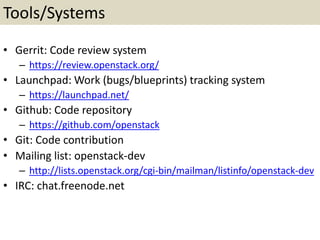 Tools/Systems
• Gerrit: Code review system
– https://review.openstack.org/
• Launchpad: Work (bugs/blueprints) tracking system
– https://launchpad.net/
• Github: Code repository
– https://github.com/openstack
• Git: Code contribution
• Mailing list: openstack-dev
– http://lists.openstack.org/cgi-bin/mailman/listinfo/openstack-dev
• IRC: chat.freenode.net
 