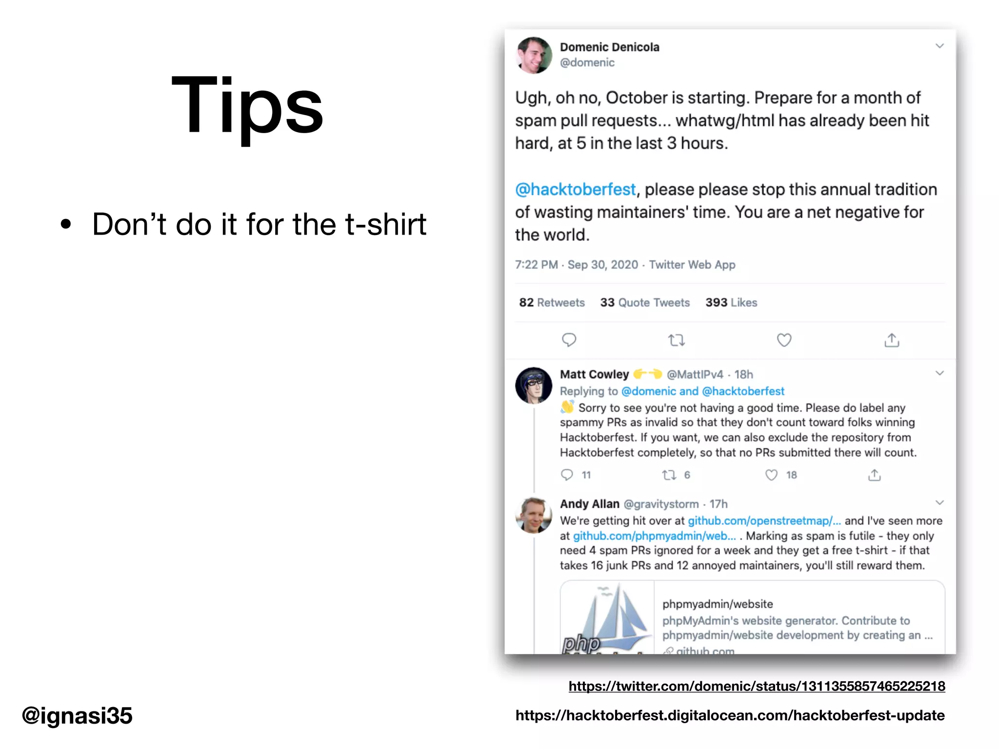 @ignasi35
Tips
&bull; Don&rsquo;t do it for the t-shirt
https://hacktoberfest.digitalocean.com/hacktoberfest-update
https://twitter.com/domenic/status/1311355857465225218
 