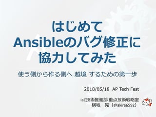 IaC技術推進部 重点技術戦略室
横地 晃（@akira6592）
2018/05/18 AP Tech Fest
使う側から作る側へ 越境 するための第一歩
 