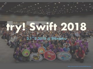 try! Swift 2018
3.1~3.2018 @ Shinjuku
https://www.tryswift.co/events/2018/tokyo/jp/
 