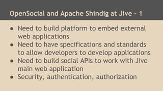 OpenSocial and Apache Shindig at Jive - 1
● Need to build platform to embed external
web applications
● Need to have specifications and standards
to allow developers to develop applications
● Need to build social APIs to work with Jive
main web application
● Security, authentication, authorization
 