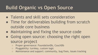 Build Organic vs Open Source
● Talents and skill sets consideration
● Time for deliverables building from scratch
outside core business
● Maintaining and fixing the source code
● Going open source: choosing the right open
source project
○ Proper governance: FoundationDb, CouchDb
○ Pluggability: turnkey, custom logic
○ Maintenance and support: community, bug fixes, issues tracking
 