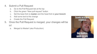 4. Submit a Pull Request
a. Go to the Pull Request tab at the top
b. Click the green “New pull request” button
c. Set the base fork to master and the head fork to your branch
d. Add some text to the change
e. Create the Pull Request
5. Once the Pull Request is merged, your changes will be
in!
a. Merged to Master! (aka Production)
 