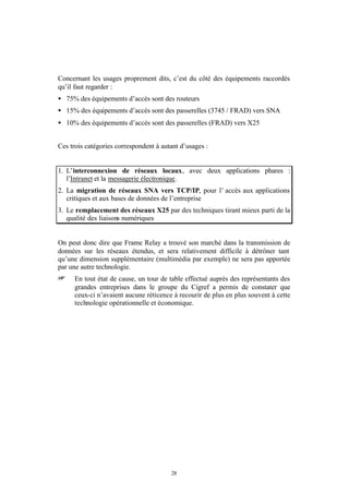 Concernant les usages proprement dits, c’est du côté des équipements raccordés
qu’il faut regarder :
• 75% des équipements d’accès sont des routeurs
• 15% des équipements d’accès sont des passerelles (3745 / FRAD) vers SNA
• 10% des équipements d’accès sont des passerelles (FRAD) vers X25


Ces trois catégories correspondent à autant d’usages :


1. L’interconnexion de réseaux locaux, avec deux applications phares :
   l’Intranet et la messagerie électronique.
2. La migration de réseaux SNA vers TCP/IP, pour l’ accès aux applications
   critiques et aux bases de données de l’entreprise
3. Le remplacement des réseaux X25 par des techniques tirant mieux parti de la
   qualité des liaisons numériques


On peut donc dire que Frame Relay a trouvé son marché dans la transmission de
données sur les réseaux étendus, et sera relativement difficile à détrôner tant
qu’une dimension supplémentaire (multimédia par exemple) ne sera pas apportée
par une autre technologie.
+     En tout état de cause, un tour de table effectué auprès des représentants des
      grandes entreprises dans le groupe du Cigref a permis de constater que
      ceux-ci n’avaient aucune réticence à recourir de plus en plus souvent à cette
      technologie opérationnelle et économique.




                                        28
 