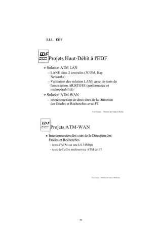 3.1.1. EDF



EDF
Electricité
de France        Projets Haut-Débit à l'EDF
       u Solution            ATM LAN
                – LANE dans 2 centrales (3COM, Bay
                  Networks)
                – Validation des solution LANE avec les tests de
                  l'association ARISTOTE (performance et
                  intéropérabilité)
       u Solution            ATM WAN
                – interconnexion de deux sites de la Direction
                  des Etudes et Recherches avec FT

                                                      Yves Fouquet - Direction des Etudes et Recherches




   ED F
   Ele c tric i té
   d e Fran c e       Projets ATM-WAN
           u         Interconnexion des sites de la Direction des
                     Etudes et Recherches
                     – tests d'ATM sur une LS 34Mbps
                     – tests de l'offre multiservice ATM de FT




                                                     Yves Fouquet - Direction des Etudes et Recherches




                                            36
 