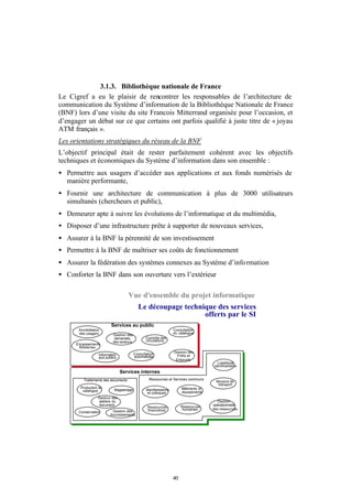 3.1.3. Bibliothèque nationale de France
Le Cigref a eu le plaisir de rencontrer les responsables de l’architecture de
communication du Système d’information de la Bibliothèque Nationale de France
(BNF) lors d’une visite du site Francois Mitterrand organisée pour l’occasion, et
d’engager un débat sur ce que certains ont parfois qualifié à juste titre de « joyau
ATM français ».
Les orientations stratégiques du réseau de la BNF
L’objectif principal était de rester parfaitement cohérent avec les objectifs
techniques et économiques du Système d’information dans son ensemble :
• Permettre aux usagers d’accéder aux applications et aux fonds numérisés de
  manière performante,
• Fournir une architecture de communication à plus de 3000 utilisateurs
  simultanés (chercheurs et public),
• Demeurer apte à suivre les évolutions de l’informatique et du multimédia,
• Disposer d’une infrastructure prête à supporter de nouveaux services,
• Assurer à la BNF la pérennité de son investissement
• Permettre à la BNF de maîtriser ses coûts de fonctionnement
• Assurer la fédération des systèmes connexes au Système d’info rmation
• Conforter la BNF dans son ouverture vers l’extérieur

                                      Vue d'ensemble du projet informatique
                                             Le découpage technique des services
                                                                offerts par le SI
                          Services au public
       Accréditation                                               Consultation
       des usagers                                                 du catalogue
                            Gestion des
                             demandes             Contrôle des
                            des lecteurs          circulations
      Encaissements
       Billeteries
                                                                   Gestion des
                   Information             Consultation
                                           automatisée               Prêts et
                   aux publics
                                                                    Emprunts
                                                                                         Logistique
                                                                                        administrative
                                 Services internes
          Traitements des documents                 Ressources et Services communs
                                                                                         Moyens de
                                                                                          transport
        Production du                                                   Bâtiments et
         catalogue          Magasinage            Manifestations
                                                  et colloques          équipements
                   Gestion des
                   ateliers du                                                           Gestion
                   document                                                            opérationnelle
                                                   Ressources           Ressources
                                                   financières           humaines      des ressources
       Conservation        Gestion des
                          Accroissements




                                                                   40
 