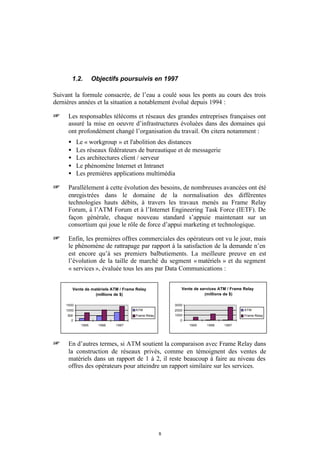 1.2.       Objectifs poursuivis en 1997

Suivant la formule consacrée, de l’eau a coulé sous les ponts au cours des trois
dernières années et la situation a notablement évolué depuis 1994 :

+    Les responsables télécoms et réseaux des grandes entreprises françaises ont
     assuré la mise en oeuvre d’infrastructures évoluées dans des domaines qui
     ont profondément changé l’organisation du travail. On citera notamment :
     •     Le « workgroup » et l'abolition des distances
     •     Les réseaux fédérateurs de bureautique et de messagerie
     •     Les architectures client / serveur
     •     Le phénomène Internet et Intranet
     •     Les premières applications multimédia

+    Parallèlement à cette évolution des besoins, de nombreuses avancées ont été
     enregis trées dans le domaine de la normalisation des différentes
     technologies hauts débits, à travers les travaux menés au Frame Relay
     Forum, à l’ATM Forum et à l’Internet Engineering Task Force (IETF). De
     façon générale, chaque nouveau standard s’appuie maintenant sur un
     consortium qui joue le rôle de force d’appui marketing et technologique.

+    Enfin, les premières offres commerciales des opérateurs ont vu le jour, mais
     le phénomène de rattrapage par rapport à la satisfaction de la demande n’en
     est encore qu’à ses premiers balbutiements. La meilleure preuve en est
     l’évolution de la taille de marché du segment « matériels » et du segment
     « services », évaluée tous les ans par Data Communications :


         Vente de matériels ATM / Frame Relay               Vente de services ATM / Frame Relay
                    (millions de $)                                    (millions de $)

    1500                                                 3000
    1000                               ATM               2000                             ATM
     500                               Frame Relay       1000                             Frame Relay
       0                                                   0
             1995     1996    1997                              1995    1996    1997




+    En d’autres termes, si ATM soutient la comparaison avec Frame Relay dans
     la construction de réseaux privés, comme en témoignent des ventes de
     matériels dans un rapport de 1 à 2, il reste beaucoup à faire au niveau des
     offres des opérateurs pour atteindre un rapport similaire sur les services.




                                                     8
 