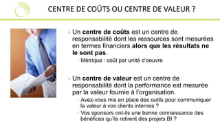 CENTRE DE COÛTS OU CENTRE DE VALEUR ? 
› Un centre de coûts est un centre de 
responsabilité dont les ressources sont mesurées 
en termes financiers alors que les résultats ne 
le sont pas. 
Métrique : coût par unité d’oeuvre 
› Un centre de valeur est un centre de 
responsabilité dont la performance est mesurée 
par la valeur fournie à l’organisation. 
Avez-vous mis en place des outils pour communiquer 
la valeur à vos clients internes ? 
Vos sponsors ont-ils une bonne connaissance des 
bénéfices qu’ils retirent des projets BI ? 
 