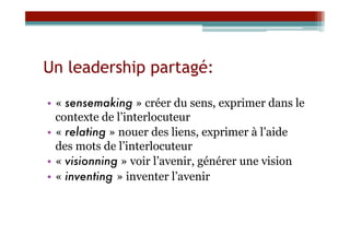Un leadership partagé:

•  « sensemaking » créer du sens, exprimer dans le
   contexte de l’interlocuteur
•  « relating » nouer des liens, exprimer à l’aide
   des mots de l’interlocuteur
•  « visionning » voir l’avenir, générer une vision
•  « inventing » inventer l’avenir
 