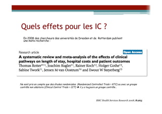 Quels effets pour les IC ?
   En 2008 des chercheurs des universités de Dresden et de Rotterdam publient
   une meta-recherche :




Ne sont pris en compte que des études randomizées (Randomized Controlled Trials = RTC) ou avec un groupe
contrôle non aléatoire (Clinical Control Trials = CCT)  il y a toujours un groupe contrôle…




                                                                   BMC Health Services Research 2008, 8:265
 