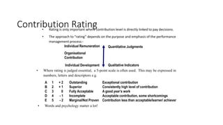 Contribution Rating
• Rating is only important where contribution level is directly linked to pay decisions.
• The approach to “rating” depends on the purpose and emphasis of the performance
management process:-
Organisational
Contribution
Individual Development
Quantitative Judgments
Qualitative Indicators
Individual Remuneration
A 1 + 2 Outstanding Exceptional contribution
B 2 + 1 Superior Consistently high level of contribution
C 3 0 Fully Acceptable A good year’s work
D 4 - 1 Incomplete Acceptable contribution, some shortcomings
E 5 - 2 Marginal/Not Proven Contribution less than acceptable/learner/ achiever
• Where rating is judged essential, a 5-point scale is often used. This may be expressed in
numbers, letters and descriptors e.g.
• Words and psychology matter a lot!
 