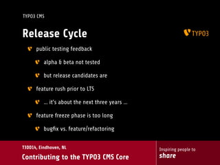Inspiring people to
share
T3DD14, Eindhoven, NL
Contributing to the TYPO3 CMS Core
TYPO3 CMS
Release Cycle
public testing feedback
alpha & beta not tested
but release candidates are
feature rush prior to LTS
… it’s about the next three years …
feature freeze phase is too long
bugﬁx vs. feature/refactoring
 