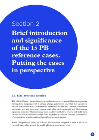 7
2.1. Size, type and location
The table in Figure 1 shows that sub-national governments of quite different sizes practice
participatory budgeting with a climate change perspective, and that they operate in
various latitudes and sub-continents with diverse eco-systems and climates (continental,
temperate, arid and semi-arid, tropical and subtropical, equatorial and high-altitude
equatorial climates). These reference cases can therefore help to observe and understand
the specific effects of climate change faced by people in different locations, and the kind
of projects they select to address these effects (see next section).
These 15 experiences reflect the different administrative and political levels at which PB
currently takes place around the world, which are summarised below:
Brief introduction
and significance
of the 15 PB
reference cases.
Putting the cases
in perspective
Section 2
 