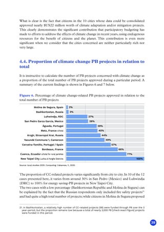 39
What is clear is the fact that citizens in the 10 cities whose data could be consolidated
approved nearly $US22 million worth of climate adaptation and/or mitigation projects.
This clearly demonstrates the significant contribution that participatory budgeting has
made to efforts to address the effects of climate change in recent years, using endogenous
resources for the benefit of citizens and the planet. This contribution is even more
significant when we consider that the cities concerned are neither particularly rich nor
very large.
4.4. Proportion of climate change PB projects in relation to
total
It is instructive to calculate the number of PB projects concerned with climate change as
a proportion of the total number of PB projects approved during a particular period. A
summary of the current findings is shown in Figures 6 and 7 below.
Figure 6. Percentage of climate change-related PB projects approved in relation to the
total number of PB projects
Molina de Segura, Spain
Bashkortostan, Russia
Luhwindja, RDC
San Pedro Garza García, Mexico
Águeda, Portugal
Metz, France s/total
Arzgir, Stravropol Krai, Russia
Yaoundé Commune 1, Cameroon
Cerveira-Tomiño, Portugal / Spain
Bordeaux, France
Cuenca, Ecuador s/total for rural parishes
New Taipei City Luzhou  Yonghe Districts
2%
100%
3%
27%
28%
39%
40%
44%
49%
57%
66%
77%
Source: local studies 2020. Computing: Cabannes, Y., 2020.
The proportion of CC-related projects varies significantly from city to city. In 10 of the 12
cases presented here, it varies from around 30% in San Pedro (Mexico) and Luhwindja
(DRC) to 100% for energy saving-PB projects in NewTaipei City.
The two cases with a low percentage (Bashkortostan Republic and Molina de Segura) can
be explained by the fact that the Russian respondents only included fire safety projects21
and had quite a high total number of projects; while citizens in Molina de Segura proposed
21. In Bashkortostan, a relatively high number of CC-related projects (58) were funded through PB over the 3
year-period, but the proportion remains low because a total of nearly 3,000 PB [check exact figure] projects
were funded in this period.
 