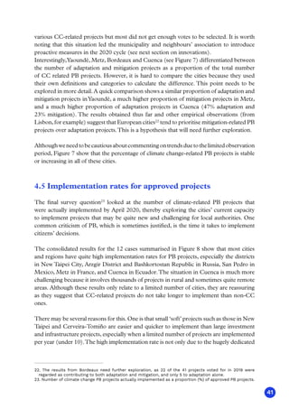 41
various CC-related projects but most did not get enough votes to be selected. It is worth
noting that this situation led the municipality and neighbours’ association to introduce
proactive measures in the 2020 cycle (see next section on innovations).
Interestingly,Yaoundé, Metz, Bordeaux and Cuenca (see Figure 7) differentiated between
the number of adaptation and mitigation projects as a proportion of the total number
of CC related PB projects. However, it is hard to compare the cities because they used
their own definitions and categories to calculate the difference. This point needs to be
explored in more detail.A quick comparison shows a similar proportion of adaptation and
mitigation projects inYaoundé, a much higher proportion of mitigation projects in Metz,
and a much higher proportion of adaptation projects in Cuenca (47% adaptation and
23% mitigation). The results obtained thus far and other empirical observations (from
Lisbon, for example) suggest that European cities22
tend to prioritise mitigation-related PB
projects over adaptation projects.This is a hypothesis that will need further exploration.
Althoughweneedtobecautiousaboutcommentingontrendsduetothelimitedobservation
period, Figure 7 show that the percentage of climate change-related PB projects is stable
or increasing in all of these cities.
4.5 Implementation rates for approved projects
The final survey question23
looked at the number of climate-related PB projects that
were actually implemented by April 2020, thereby exploring the cities’ current capacity
to implement projects that may be quite new and challenging for local authorities. One
common criticism of PB, which is sometimes justified, is the time it takes to implement
citizens’ decisions.
The consolidated results for the 12 cases summarised in Figure 8 show that most cities
and regions have quite high implementation rates for PB projects, especially the districts
in New Taipei City, Arzgir District and Bashkortostan Republic in Russia, San Pedro in
Mexico, Metz in France, and Cuenca in Ecuador.The situation in Cuenca is much more
challenging because it involves thousands of projects in rural and sometimes quite remote
areas. Although these results only relate to a limited number of cities, they are reassuring
as they suggest that CC-related projects do not take longer to implement than non-CC
ones.
There may be several reasons for this. One is that small ‘soft’ projects such as those in New
Taipei and Cerveira-Tomiño are easier and quicker to implement than large investment
and infrastructure projects, especially when a limited number of projects are implemented
per year (under 10).The high implementation rate is not only due to the hugely dedicated
22. The results from Bordeaux need further exploration, as 22 of the 41 projects voted for in 2019 were
regarded as contributing to both adaptation and mitigation, and only 5 to adaptation alone.
23. Number of climate change PB projects actually implemented as a proportion (%) of approved PB projects.
 