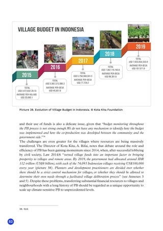52
36. Ibid.
and their use of funds is also a delicate issue, given that “budget monitoring throughout
the PB process is not strong enough.We do not have any mechanism to identify how the budget
was implemented and how the co-production was developed between the community and the
government side.”36
The challenges are even greater for the villages where resources are being massively
transferred. The Director of Kota Kita, A. Rifai, notes that debate around the role and
efficiency of PB has been gaining momentum since 2014, when, after successful lobbying
by civil society, Law 2014/6 “turned village funds into an important factor in bringing
prosperity to villages and remote areas. By 2019, the government had allocated around IDR
112 trillion (US$8 billion), with each of the 74,093 Indonesian villages receiving US$100,000
every year (picture 38). Planners and development practitioners are divided over whether
there should be a strict control mechanism for villages, or whether they should be allowed to
determine their own needs through a facilitated village deliberation process” (see Annexes 3
and 5). Despite these problems, transferring substantial financial resources to villages and
neighbourhoods with a long history of PB should be regarded as a unique opportunity to
scale up climate-sensitive PB to unprecedented levels.
Village budget in indonesia
2015
2016
2017
2018
2019
Total
USD1,472,832,351.9
Average per-Village
USD 20,095.1
Average per-desa
USD 45,651.9
Average per-desa
USD 77,720.2
Average per-desa
USD 99,361.6
Average per-desa
USD 107,071.9
Total
USD 3,382,373,386.3
Total
USD 5,758,568,591.3
Total
USD 7,362,115,193.6
Total
USD 7,933,054,333.9
Picture 38. Evolution of Village Budget in Indonesia. © Kota Kita Foundation
 