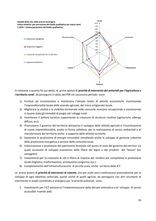16
In relazione a quanto fin qui detto, le prime ipotesi di priorità di intervento del settoriali per l’agricoltura e
i territorio rurali da perseguire in abito del PSR nel successivo periodo sono:
1) Puntare ad incrementare e mantenere l’attuale livello di attività economiche incentivando
l’imprenditorialità locale delle aziende agricole, del micro artigianato locale.
2) Migliorare la vitalità e la vivibilità territoriale nelle comunità montane recuperando e mantenendo
in buono stato gli immobili di pregio ed i villaggi rurali
3) Incentivare il settore turistico supportando la creazione di strutture ricettive (agriturismi, albergo
diffuso, ecc)
4) Promuovere il governo del territorio attraverso il sostegno delle attività agricole e l’incentivazione
di nuove imprenditorialità, anche in forma collettiva, per la realizzazione di servizi ambientali e di
manutenzione del territorio anche a supporto delle attività turistiche.
5) Sostenere la produzione di energie rinnovabili stimolando anche lo sviluppo di gestione collettiva
della produzione energetica a servizio delle comunità locali.
6) Valorizzazione e protezione del patrimonio forestale sial punto di vista del governo del territori sia
quale occasione di sviluppo economico delle filiere del legno e dei prodotti del “bosco” (es.
castagneti)
7) Investimenti per la creazione di reti e filiere di imprese per rendere più competitiva la produzione
locale (logistica, trasformazione, promozione congiunta, ecc.)
8) Completamento dell’infrastrutturazione di piccola scala, anche sul tema delle ICT.
Le prime ipotesi di priorità di intervento di sistema, che per molti versi costituiscono precondizione per lo
sviluppo di ogni obiettivo settoriale, quindi anche di quelli agricoli, da perseguire con altri strumenti di
intermento in modo coordinato e sinergico con le priorità settoriali, sono:
1. Investimenti per l’ICT attraverso l’implementazione della dorsale telematica e di sviluppo di servizi
accessibili tramite web.
 