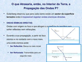 O que Atrasaria, então, no Interior da Terra, a
Propagação das Ondas P?


Gutenberg observou que para cada sismo existe um sector da superfície
terrestre onde é impossível registar ondas sísmicas directas.



ONDAS SÍSMICAS DIRECTAS:

Ondas com origem no foco e que atingem a superfície da geosfera sem
sofrer reflexões nem refracções.


Durante a sua propagação, a partir do foco
sísmico e no contacto com o novo meio,
uma onda sísmica pode:
 Ser Reflectida: Recua no meio inicial.
 Ser Refractada: Transmitida para um
segundo meio.

 