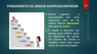 PENSAMENTO DE ORDEM SUPERIOR/INFERIOR
 Bloom organiza o
aprendizado em uma
sequência que vai da
ordem inferior (Recordar)
até superior (criar).
 É usada a décadas nas
escolas para definir quais
os objectivos de cursos
em planos de ensino e
também como base para
testes de aprendizamgem.
13
 