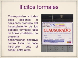 Ilícitos formales
Corresponden a todas
esas acciones u
omisiones producto del
incumplimiento de los
deberes formales: falta
de libros contables, no
presenta
declaraciones, obstruye
control fiscal, no hace
inscripción ante el
seniat, entre otros.
 