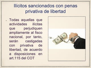 Ilícitos sancionados con penas
privativa de libertad
Todas aquellas que
actividades ilícitas
que perjudiquen
ampliamente al fisco
nacional, por tanto,
serán castigadas
con privativa de
libertad, de acuerdo
a disposiciones en
art.115 del COT
 