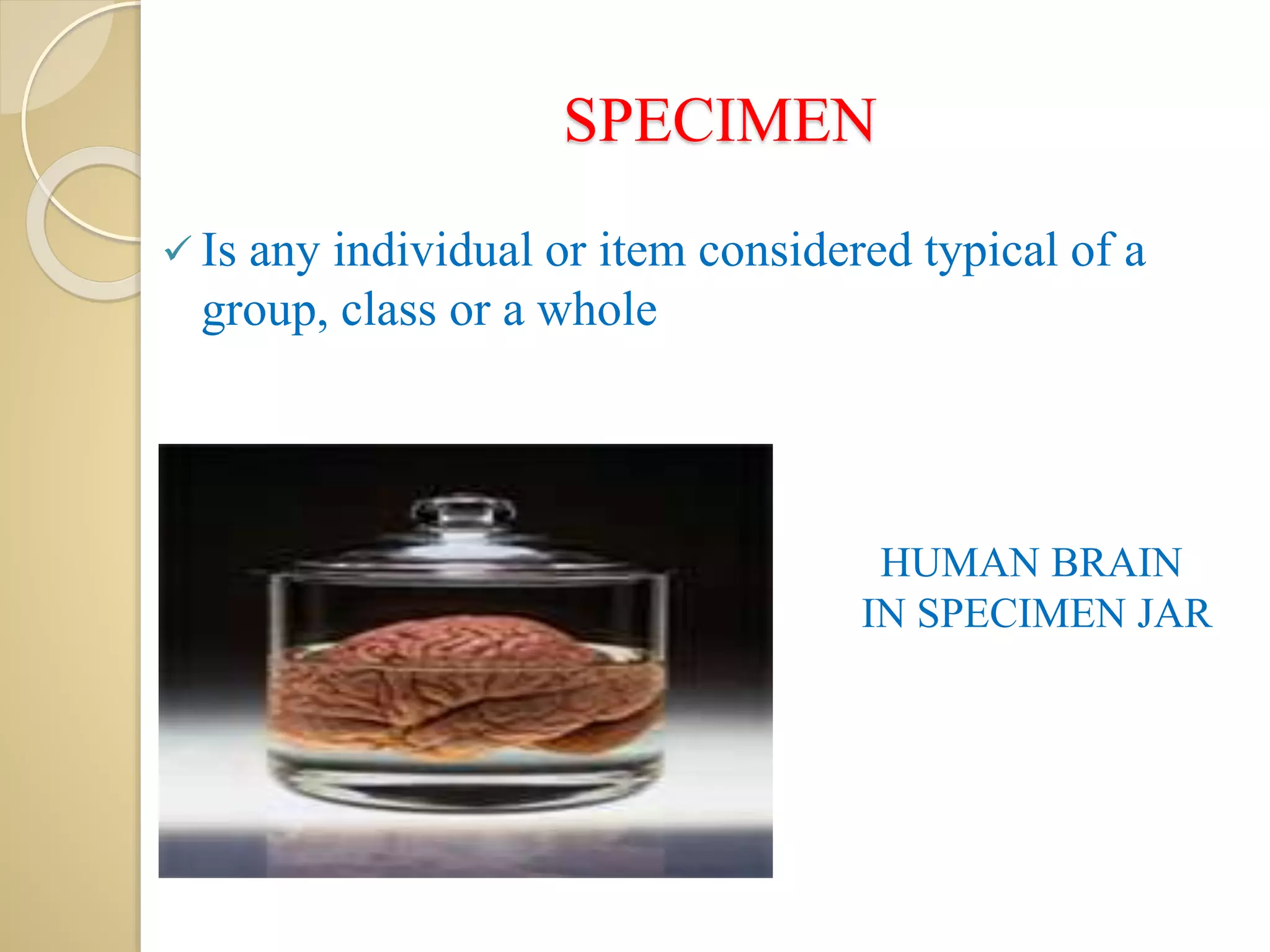 SPECIMEN
 Is any individual or item considered typical of a
group, class or a whole
HUMAN BRAIN
IN SPECIMEN JAR
 
