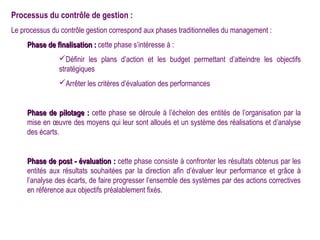 Processus du contrôle de gestion :
Le processus du contrôle gestion correspond aux phases traditionnelles du management :
     Phase de finalisation : cette phase s’intéresse à :
                Définir les plans d’action et les budget permettant d’atteindre les objectifs
                stratégiques
                Arrêter les critères d’évaluation des performances


     Phase de pilotage : cette phase se déroule à l’échelon des entités de l’organisation par la
     mise en œuvre des moyens qui leur sont alloués et un système des réalisations et d’analyse
     des écarts.


     Phase de post - évaluation : cette phase consiste à confronter les résultats obtenus par les
     entités aux résultats souhaitées par la direction afin d’évaluer leur performance et grâce à
     l’analyse des écarts, de faire progresser l’ensemble des systèmes par des actions correctives
     en référence aux objectifs préalablement fixés.
 