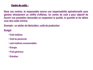 Centre de coûts :

Dans ces centres, le responsable exerce une responsabilité opérationnelle sans
générer directement un chiffre d’affaires. Un centre de coût a pour objectif de
fournir une prestation demandée en respectant la qualité, la quantité et les délais
avec des coûts minima.
Exemple : un atelier de fabrication, unité de production
Budget
    • Coût matières
    • Coût du personnel
    • coût matières consommables
    • Energie
    • Frais généraux
    • Entretien
 