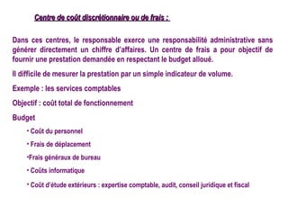 Centre de coût discrétionnaire ou de frais :

Dans ces centres, le responsable exerce une responsabilité administrative sans
générer directement un chiffre d’affaires. Un centre de frais a pour objectif de
fournir une prestation demandée en respectant le budget alloué.
Il difficile de mesurer la prestation par un simple indicateur de volume.
Exemple : les services comptables
Objectif : coût total de fonctionnement
Budget
    • Coût du personnel
    • Frais de déplacement
    •Frais généraux de bureau
    • Coûts informatique
    • Coût d’étude extérieurs : expertise comptable, audit, conseil juridique et fiscal
 