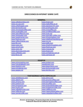 División de Estrategia y Proyectos Especiales de Comercialización
Federación Nacional de Cafeteros de Colombia
VADEMECUM DEL TOSTADOR COLOMBIANO
DIRECCIONES EN INTERNET SOBRE CAFÉ
GENERAL
www.cafedecombia.com www.troad.com
www.cw-usa.com www.realcoffee.co.uk
www.cofeehopper.com www.espresso101.com
www.farmworld.com www.javahouses.com
www.minnesotacoffee.com www.orcacoffee.org
www.royalcoffee.com www.smellthecoffee.com
www.specialflavors.com www.scaa.org
www.swisswater.com www.specialty-coffee.com
www.sweetmarias.com www.shoppingplace.com
www.freshcup.com www.retailmerchandising.net
www.coffeuniverse.com www.ico.org
www.life.com www.kaffe.com
www.scae.com www.driedrichroasters.com
www.amcof.com www.freshcup.com
www.cosic.org www.ncausa.org
www,davincigoumet.com www.troad.com
www.coffeetec.com www.pinhalense.com.br
www.flavia.net www.saimaza.net
EQUIPOS
www.primoroasting.com www.probat.com
www.industrialtaylor.com wwwtecaire.com
www.driedrich.com www.lasanmarco.com
www.pinhalense.com www.techonomatic.com
www.gaggia.net www.tecnika.com
TOSTADORAS CAFES ESPECIALES
www.ahillofbeans.com www.ahrre.com
www.alakef.com www.ancora-coffee.com
www.armeno.com www.barringtoncoffee.com
www.batdorf.com www.bccoffee.com
www.bongojava.com www.bostonbestcoffee.com
www.boyds.com www.bridgetowncoffe.com
www.cafedelmundo.com www.caffeluca.com
www.caffevita.com www.capecodspecialties.com
www.carmel-coffe.com www.carpediemcoffee.com
 