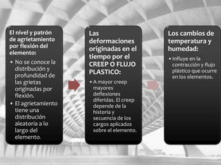 El nivel y patrón
de agrietamiento
por flexión del
elemento:
• No se conoce la
distribución y
profundidad de
las grietas
originadas por
flexión.
• El agrietamiento
tiene una
distribución
aleatoria a lo
largo del
elemento.
Las
deformaciones
originadas en el
tiempo por el
CREEP O FLUJO
PLASTICO:
•A mayor creep
mayores
deflexiones
diferidas. El creep
depende de la
historia y
secuencia de los
cargos aplicados
sobre el elemento.
Los cambios de
temperatura y
humedad:
•Influye en la
contracción y flujo
plástico que ocurre
en los elementos.
 