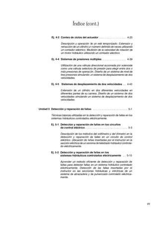 Índice (cont.)
Ej. 4-3 Conteo de ciclos del actuador . . . . . . . . . . . . . . . . .. 4-25
Descripción y operación de un relé temporizado. Extensión y
retracción de un cilindro un número definido de veces utilizando
un contador eléctrico. Medición de la velocidad de rotación de
un motor hidráulico utilizando un contador eléctrico.
Ej. 4-4 Sistemas de presiones múltiples . . . . . . . . . . . . . . .. 4-39
Utilización de una válvula direccional accionada por solenoide
como una válvula selectora de presión para elegir entre dos o
más presiones de operación. Diseño de un sistema de nivel de
tres presiones simulando !.in sistema de desplazamiento de dos
velocidades.
Ej.4-5 Sistemas de desplazamiento de dos velocidades . . 4-45
Extensión de un cilindro en dos diferentes velocidades en
diferentes partes de su carrera. Diseño de un sistema de dos
velocidades simulando un sistema de desplazamiento de dos
velocidades.
Unidad 5 Detección y reparación de fallas ....................... 5-1
Técnicas básicas utilizadas en la detección y reparación de fallas en los
sistemas hidráulicos controlados eléctricamente.
Ej.5-1 Detección y reparación de fallas en los circuitos
de control eléctrico . . . . . . . . . . . . . . . . . . . . . . . . . . .. 5-3
Descripción de los métodos del voltímetro y del óhmetro en la
detección y reparación de fallas en un circuito de control
eléctrico. Ubicación de fallas insertadas por el instructor en la
sección eléctrica de un sistema de taladrado hidráulico controla-
do eléctricamente.
Ej. 5-2 Detección y reparación de fallas en los
sistemas hidráulicos controlados eléctricamente .. 5-15
Aprender un método eficiente de detección y reparación de
fallas para detectar fallas en un sistema hidráulico controlado
eléctricamente. Detección de las fallas insertadas por el
instructor en las secciones hidráulicas y eléctricas de un
sistema de abrazadera y de pulverizado controlado eléctrica-
mente.
VII
 
