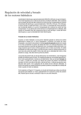 Regulación de velocidad y frenado
de los motores hidráulicos
3-36
manómetro A disminuya a aproximadamente 3000 kPa (440 psi), lo que correspon-
de al nivel requerido por la válvula secuencial y el cilindro extendido. Esto ocasiona
que la presión de flujo alto de la válvula de control de flujo compensada por presión
(manómetro B) disminuya a aproximadamente 1000 kPa (150 psi). Sin embargo,
la razón de flujo a través del motor y, por lo tanto, la velocidad del motor permane-
cen constantes debido a la acción compensada de la válvula de control de flujo
compensada. Si una válvula de control de flujo no compensada fue-a utilizada, este
cambio en la presión flujo alto ocasionaría que la razón de flujo a :ravés del motor
disminuyera y a que la velocidad del motor disminuyera.
Frenado de un motor hidráulico
Cuando un motor hidráulico es de pronto detenido girando la válvula de control
direccional a neutral con un cent-o bloqueado o condición de puerto de motor
bloqueado, una presión alta posterior llamada punta de presión puede ser creada
en la línea conectando el puerto de salida del motor a la válvula direccional. Esto
es porque durante un período de detención corto, la energía cinética del motor y su
carga ocasiona que el motor continue girando como si fuera una bomba. El aceite
bombeado por esta acción llega a ser libre de paso contra la válvula direccional, lo
cual crea una punta de presión. Entre más alta sea la velocidad del motor y más
pesada su carga, más alta será la punta de presión.
Las puntas de presión alta, la válvula direccional, los manómetros, y las mangueras
pueden ser dañinos para el motor. Su magnitud puede ser minimizada desaceleran-
do el motor gradualmente mientras se va deteniendo. Esto es llamado frenado de
un motor, y puede ser utilizada una válvula de control de presión normalmente
cerrada, tal como una válvula de alivio, válvula de freno, o válvula secuencial, para
ejecutar esta acción. Con cualquiera de las clases de las válvulas utilizadas, la
acción de frenado es creada limitando la presión posterior producida en la salida del
motor cuando el motor se detiene.
Como ejemplo, la Figura 3-13 muestra un circuito de frenado que utiliza una válvula
secuencial para detener un motor gradualmente sin ocasionar puntas de presión
alta. Notará que el circuito Gontrola el motor en una sola dirección.
 