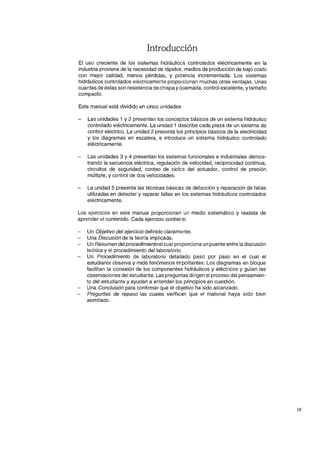 Introducción
El uso creciente de los sistemas hidráulicos controlados eléctricamente en la
industria proviene de la necesidad de rápidos, medios de producción de bajo costo
con mejor calidad, menos pérdidas, y potencia incrementada. Los sistemas
hidráulicos controlados eléctricamente proporcionan muchas otras ventajas. Unas
cuantas de éstas son resistencia de chispa y quemada, control excelente, y tamaño
compacto.
Este manual está dividido en cinco unidades:
Las unidades 1 y 2 presentan los conceptos básicos de un sistema hidráulico
controlado eléctricamente. La unidad 1 describe cada pieza de un sistema de
control eléctrico. La unidad 2 presenta los principios básicos de la electricidad
y los diagramas en escalera, e introduce un sistema hidráulico controlado
eléctricamente.
Las unidades 3 y 4 presentan los sistemas funcionales e industriales demos-
trando la secuencia eléctrica, regulación de velocidad, reciprocidad continua,
circuitos de seguridad, conteo de cicles del actuador, control de presión
múltiple, y control de dos velocidades.
La unidad 5 presenta las técnicas básicas de detección y reparación de fallas
utilizadas en detectar y reparar fallas en los sistemas hidráulicos controlados
eléctricamente.
Los ejercicios en este manual proporcionan un medio sistemático y realista de
aprender el contenido. Cada ejercicio contiene:
Un Objetivo del ejercicio definido claramente.
Una Discusión de la teoría implicada.
Un Resumen delprocedimientoel cual proporciona un puente entre la discusión
teórica y el procedimiento del laboratorio.
Un Procedimiento de laboratorio detallado paso por paso en el cual el
estudiante observa y mide fenómenos importantes. Los diagramas en bloque
facilitan la conexión de los componentes hidráulicos y eléctricos y guían las
observaciones del estudiante. Las preguntas dirigen el proceso del pensamien-
to del estudiante y ayudan a entender los principios en cuestión.
Una Conclusión para confirmar que el objetivo ha sido alcanzado.
Preguntas de repaso las cuales verifican que el material haya sido bien
asimilado.
IX
 