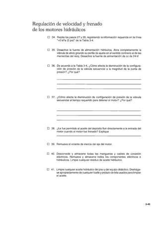 Regulación de velocidad y frenado
de los motores hidráulicos
D 34. Repita los pasos 27 y 28, registrando la información requerida en la línea
"""OkPa (O psi)" de la Tabla 3-4.
D 35. Desactive la fuente de alimentación hidráulica. Abra completamente la
válvula de alivio girando su perilla de ajuste en el sentido contrario al de las
manecillas del reloj. Desactive la fuente de alimentación de cc de 24-V.
D 36. De acuerdo a la Tabla 3-4, ¿Cómo afecta la disminución de la configura-
ción de presión de la válvula secuencial a la magnitud de la punta de
presión? ¿Por qué?
D 37. ¿Cómo afecta la disminución de configuración de presión de la válvula
secuencial al tiempo requerido para detener el motor? ¿Por qué?
D 38. ¿Le fue permitido al aceite del depósito fluir directamente a la entrada del
motor cuando el motor fue frenado? Explique
D 39. Remueva el volante de inercia del eje del motor.
D 40. Desconecte y almacene todas las mangueras y cables de conexión
eléctricos. Remueva y almacene todos los componentes eléctricos e
hidráulicos. Limpie cualquier residuo de aceite hidráulico.
D 41 . Limpie cualquier aceite hidráulico del piso ydel equipo didáctico. Deshága-
se apropiadamente de cualquier toalla y pedazo de tela usados para limpiar
el aceite.
3-45
 