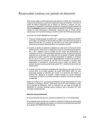 Reciprocidad continua con período de detención
Este circuito utiliza un relé temporizado para detener el cilindro por un período de
tiempo corto al final de su carrera de la extensión antes de retractarlo. Presionar el
botón de INICIO ocasionará que el cilindro se extienda y retracte una vez,
permitiendo la instalación y evaluación del sistema. Presionar el botón pulsador de
INICIO y después presionar el botón pulsador de MODO CONTINUO mientras el
cilindro se está retractando o deteniendo ocasionará que el cilindro alterne
(recíproque) continuamente hasta que el botón pulsador de PARO sea presionado.
La acción del circuito detallada es como sigue:
1. Presionar el botón pulsador de INICIO, BP1, ocasiona que la bobina de relé BR1
se energice. El contacto de relé de detención BR1-A se cierra para enclavar la
bobina de relé BR1. El contacto de relé BR1-B se cierra para energizar el
solenoide de la válvula direccional SOL-A y extender el cilindro.
2. Cuando el cilindro se extiende completamente, éste activa el interruptor de fin
de carrera IFC1. Esto aplica un voltaje de cc de 24-V a la entrada del temporiza-
dor + RT1. Debido a que la entrada (C) del control del temporizador es
conectada a común (-), el temporizador empieza a contar. El cilindro permanece
extendido por la duración de la detención con la presión completa aplicada
detrás de su pistón. Cuando el tiempo preajustado ha pasado, el contacto
NC RT1-A en el escalón 1 se abre, desenergizando la bobina de relé BR1 y
ocasionando que el contacto de relé BR1-B en el escalón 2 se abra. Esto
desenergiza el solenoide A, ocasionando que el cilindro se retracte. Esto
también remueve la potencia del temporizador RT1, restableciendo el valor del
temporizador.
3. Cuando el cilindro se retracta completamente, éste activa el interruptor de fin de
carrera IFC2. Si el botón pulsador de modo CONTINUO, BP2, ha sido
presionado durante la extensión del cilindro o la detención del cilindro, el
contacto NA BR2-B en el escalón 1 estará cerrado y el cilindro alternará
nuevamente. Si el BP2 no ha sido presionado, el escalón 1 se abrirá y el cilindro
se detendrá.
Notará en la Figura 3-15, que la entrada REINICIO (R) del temporizador RT1 está
conectado a la entrada + del RT1, previniendo que el RT1 sea reiniciado a través
de su entrada de REINICIO. Esto es necesario ya que dejar la entrada de
REINICIO sin conectar (flotando) podría ocasionar que el contador RT1 sea
reiniciado inoportunamente.
Resumen del procedimiento
En la primera parte del ejercicio, evaluará la operación de un relé temporizado.
En la segunda parte del ejercicio, conectará y evaluará el sistema de reciprocidad
continua con reciprocidad de ciclo simple y con las funciones de detención descritas
en la sección de PRINCIPIOS del ejercicio.
3-53
 