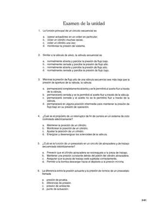 Examen de la unidad
1. La función principal de un circuito secuencial es
a. operar actuadores en un orden en particular;
b. ciclar un cilindro muchas veces;
c. ciclar un cilindro una vez;
d. monitorear la presión del sistema.
2. Similar a la válvula de alivio, la válvula secuencial es
a. normalmente abierta y percibe la presión de flujo bajo.
b. normalmente cerrada y percibe la presión de flujo alto.
c. normalmente abierta y percibe la presión de flujo alto.
d. normalmente cerrada y percibe la presión de flujo bajo.
3. Mientras la presión de flujo alto de una válvula secuencial sea más baja que la
presión de apertura de la válvula, la válvula
a. permanecerá completamente abierta yse le permitirá al aceite fluir a través
de la válvula.
b. permanecerá cerrada y se le permitirá al aceite fluir a través de la válvula.
c. permanecerá cerrada y al aceite no se le permitirá fluir a través de la
válvula.
d. permanecerá en alguna posición intermedia para mantener la presión de
flujo bajo en su presión de operación.
4. ¿Cuál es el propósito de un interruptor de fin de carrera en un sistema de ciclo
controlado eléctricamente?
a. Mantener la posición de un cilindro.
b. Monitorear la posición de un cilindro.
c. Ajustar la posición de un cilindro.
d. Energizar y desenergizar los solenoides de la válvula.
5. ¿Cuál es la función de un presostato en un circuito de abrazadera y de trabajo
secuenciado eléctricamente?
a. Prevenir que el cilindro abrazadera se sobreajuste a la pieza de trabajo.
b. Mantener una presión constante detrás del pistón del cilindro abrazadera.
c. Asegurar que la pieza de trabajo esté sujetada correctamente.
d. Permitir a la bomba descargar hacia el depósito a la presión mínima.
6. La diferencia entre la presión actuante y la presión de reinicio de un presostato
llamada
a. presión de prueba.
b. diferencial de presión.
c. presión de ambiente.
d. punto de actuación.
3-61
 