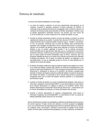 Sistema de taladrado
La acción del sistema detallado es como sigue:
1. La pieza de trabajo a taladrar es primero posicionada manualmente en la
máquina. Cuando el operador presiona el botón pulsador de INICIO, el
solenoide A de la válvula direccional es energizada. Esto cambia la válvula a la
condición de flechas rectas para extender el cilindro abrazadera. Debido a que
el cilindro abrazadera extendido requiere una presión que sea menor de
2100 kPa (300 psi), el motor hidráulico en la unidad de taladro no gira.
2. Cuando el cilindro abrazadera oprime la pieza de trabajo, la presión se eleva
rápidamente detrás de su pistón. Cuando éste alcanza 2100 kPa (300 psi), el
motor hidráulico de la unidad de taladro empieza a girar. También, el presosta-
to PS1 es activado, indicando que la pieza de trabajo está correctamente
sujetada. Esto energiza el solenoide A de la válvula direccional 2 y cambia la
válvula a la condición de flechas rectas para extender el cilindro del taladro.
Debido a que la presión aplicada al puerto P de la válvula secuencial
(2100 kPaJ300 psi) es ligeramente más baja que su configuración de presión
2350-kPa (340 psi), la válvula secuencial permanece parcialmente cerrada para
que la mayor parte del aceite bombeado vaya al motor, mientras que una
pequeña cantidad de aceite va a través de la válvula secuencial para extender
el cilindro del taladro. Por lo tanto, el cilindro de taladro, se extiende a una
velocidad lenta, lo cual es deseable porque la broca no será dañada por el
impacto de la pieza de trabajo.
3. El cilindro del taladro extiende y baja la unidad de taladro para taladrar un orificio
en la pieza de trabajo. Cuando este cilindro se extiende completamente, éste
activa un interruptor fotoeléctrico IF1. Esto energiza el solenoide B de la válvula
direccional 2, cambiando la válvula a la condición de flechas cruzadas para
retractar el cilindro del taladro y elevar la unidad de taladro. Durante la retracción
del cilindro del taladro, el solenoide A de la válvula direccional es mantenida
energizada para que el motor del taladro continue girando y la abrazadera
permanezca sujeta.
4. Cuando el cilindro del taladro se vuelve completamente plegado, éste activa el
interruptor magnético de proximidad IMP2, lo cual desenergiza el solenoide B
de la válvula direccional 2 y regresa la válvula a la condición central. Esto
también desenergiza el solenoide A de la válvula direccional 1, ocasionando que
el cilindro abrazadera se retracte y el motor del taladro deje de girar.
5. Cuando el cilindro abrazadera se retracta completamente, éste activa el
interruptor magnético de proximidad IMP1, lo cual detiene el ciclo. La pieza de
trabajo taladrada puede entonces ser removida.
Varios refinamientos pueden ser agregados al sistema de taladrado para funciones
de control especial. Pueden incluir, por ejemplo, un botón pulsador de reinicio
como una característica de seguridad para permitir al operador detener el sistema
en cualquier paso secuencial y reiniciarlo nuevamente al estado inicial donde
ambos cilindros están completamente plegados y el motor hidráulico es detenido.
4-5
 