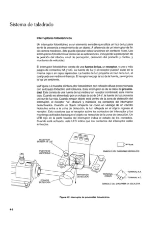 Sistema de taladrado
4-6
Interruptores fotoeléctricos
Un interruptor fotoeléctrico es un elemento sensible que utiliza un haz de luz para
sentir la presencia o movimierto de un objeto. A diferencia de un interruptor de fin
de carrera mecánico, éste puede ejecutar estas funciones sin contacto físico. Los
interruptores fotoeléctricos tienen var as aplicaciones, incluyendo la percepción de
la posición del cilindro, nivel de percepción, detección del producto y conteo, y
monitoreo de velocidad.
El interruptor fotoeléctrico consta de una fuente de luz, un receptor, y uno o más
juegos de contactos NA y NC. La fuente de luz y el receptor pueden estar en la
misma caja o en cajas separadas. La fuente de luz proyecta un haz de la luz, el
cual puede ser visible o infrarroja. El receptor recoge la luz de la fuente, pero ignora
la luz del ambiente.
La Figura 4-2 muestra el intern.ptor fotoeléctrico con reflexión difusa proporcionada
con su Equipo Didáctico en Hidráulica. Este interruptor es de la clase de proximi-
dad. Éste consta de una fuente de luz visible y un receptor combinado en la misma
caja. Cuando es alimentado por un voltaje de cc de 24-V, la fuente de luz proyecta
un haz de luz roja. Cuando ningún objeto está dentro de la zona de detección del
interruptor, el receptor ''ve'' obscuro y mantiene los contactos del interruptor
desactivados. Cuando un objeto reflejante tal como un vástago de un cilindro
hidráulico entra a la zona de detección, la luz reflejada en el objem regresa al
receptor. Esto ocasiona que el receptor active los contactos del interruptor y los
mantenga activados hasta que el objeto es removido de la zona de detección. Un
LEO rojo en la parte trasera del interruptor indica el estado de los contactos.
Cuando está activado, este LEO indica que los contactos del interruptor están
activados.
RECEPTOR
SENSOR DE lUZ
ZONA DE
DETECCiÓN
SíMBOLO DEL CIAGRAMA HIDRÁULICO
~
TERMINAL N.A.
TERMINAL
COMÚN TERMINAL N.C.
SíMBOLO DEL DIAGRAMA EN ESCALERA
Figura 4-2. Interruptor de proximidad fotoeléctrica.
 