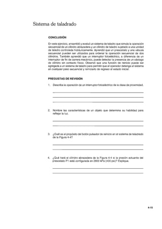 Sistema de taladrado
CONCLUSiÓN
En este ejercicio, ensambló yevaluó un sistema de taladro que simula la operación
secuencial de un cilindro abrazadera y un cilindro de taladro sujetado a una unidad
de taladro controlada hidráulicamente. Aprendió que un presostato y una válvula
secuencial pueden ser utilizados para ordenar la operación secuencial de dos
cilindros. También aprendió que un interruptor fotoeléctrico, a diferencia de un
interruptor de fin de carrera mecánico, puede detectar la presencia de un vástago
de cilindro sin contacto físico. Observó que una función de reinicio puede ser
agregada a un sistema de taladro para permitir que el operador detenga el sistema
en cualquier paso secuencial y reiniciarlo de regreso al estado inicial.
PREGUSTAS DE REVISiÓN
1. Describa la operación de un interruptor fotoeléctrico de la clase de proximidad.
2. Nombre las características de un objeto que determina su habilidad para
reflejar la luz.
3. ¿Cuál es el propósito del botón pulsador de reinicio en el sistema de taladrado
de la Figura 4-4?
4. ¿Qué hará el cilindro abrazadera de la Figura 4-4 si la presión actuante del
presostato P1 está configurada en 2800 kPa (400 psi)? Explique.
4-15
 
