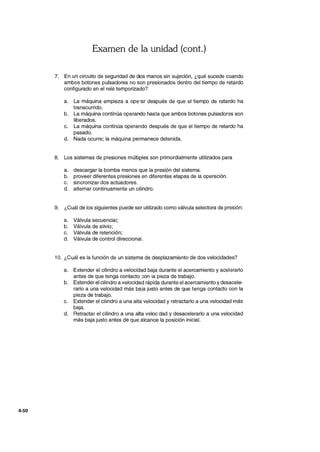 4-50
Examen de la unidad (cont.)
7. En un circuito de seguridad de dos manos sin sujeción, ¿qué sucede cuando
ambos botones pulsadores no son presionados dentro del tiempo de retardo
configurado en el relé temporizado?
a. La máquina empieza a ope'ar después de que el tiempo de retardo ha
transcurrido.
b. La máquina continúa operando hasta que ambos botones pulsadores son
liberados.
c. La máquina continúa operando después de que el tiempo de retardo ha
pasado.
d. Nada ocurre; la máquina permanece detenida.
8. Los sistemas de presiones múltiples son primordialmente utilizados para
a. descargar la bomba menos que la presión del sistema.
b. proveer diferentes presiones en diferentes etapas de la operación.
c. sincronizar dos actuadores.
d. alternar continuamente un cilindro.
9. ¿Cuál de los siguientes puede ser utilizado como válvula selectora de presión:
a. Válvula secuencial;
b. Válvula de alivio;
c. Válvula de retención;
d. Válvula de control direccional.
10. ¿Cuál es la función de un sistema de desplazamiento de dos velocidades?
a. Extender el cilindro a velocidad baja durante el acercamiento y acelerarlo
antes de que tenga contacto :;on la pieza de trabajo.
b. Extender el cilindro a velocidad rápida durante el acercamiento ydesacele-
rarlo a una velocidad más baja justo antes de que tenga contacto con la
pieza de trabajo.
c. Extender el cilindro a una alta velocidad y retractarlo a una velocidad más
baja.
d. Retractar el cilindro a una alta veloc.dad y desacelerarlo a una velocidad
más baja justo antes de que alcance la posición inicial.
 