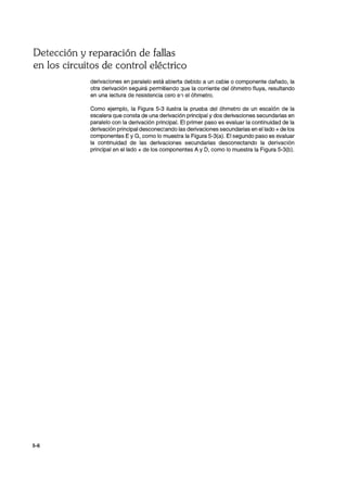 Detección y reparación de fallas
en los circuitos de control eléctrico
5-6
derivaciones en paralelo está abierta debido a un cable o componente dañado, la
otra derivación seguirá permitiendo ::¡ue la corriente del óhmetro fluya, resultando
en una lectura de resistencia cero e1 el óhmetro.
Como ejemplo, la Figura 5-3 ilustra la prueba del óhmetro de un escalón de la
escalera que consta de una derivación principal y dos derivaciones secundarias en
paralelo con la derivación principal. El primer paso es evaluar la continuidad de la
derivación principal desconectando las derivaciones secundarias en el lado + de los
componentes E y G, como lo muestra la Figura 5-3(a). El segundo paso es evaluar
la continuidad de las derivaciones secundarias desconectando la derivación
principal en el lado + de los componentes A y D, como lo muestra la Figura 5-3(b).
 