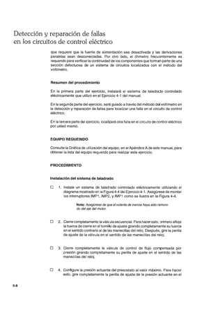 Detección y reparación de fallas
en los circuitos de control eléctrico
5-8
que requiere que la fuente de alimentación sea desactivada y las derivaciones
paralelas sean desconectadas. Por otro lado, el óhmetro frecuentemente es
requerido para verificar la continuidad de los componentes que forman parte de una
sección defectuosa de un sistema de circuitos localizados con el método del
voltímetro.
Resumen del procedimiento
En la primera parte del ejercicio, instalará el sistema de taladrajo controlado
eléctricamente que utilizó en el Ejercicio 4-1 del manual.
En la segunda parte del ejercicio, será guiado a través del método del voltímetro en
la detección y reparación de 1allas para localizar una falla en el circuito de control
eléctrico.
En la tercera parte del ejercicio, localizará otra falla en el circuito de control eléctrico
por usted mismo.
EQUIPO REQUERIDO
Consulte la Gráfica de utilización del equipo, en el Apéndice A de este manual, para
obtener la lista del equipo requerido para realizar este ejercicio.
PROCEDIMIENTO
Instalación del sistema de taladrado
o 1. Instale un sistema de taladíado controlado eléctricamente utilizando el
diagrama mostrado en la Figura 4-4 del Ejercicio 4-1. Asegúrese de montar
los interruptores IMP1, IMP2, Y IMP1 como se ilustra en la Figura 4-4.
Nota: Asegúrese de que el volante de inercia haya sido removi-
do del eje del motor.
o 2. Cierre completamente laválvula secuencial. Para haceresto, :Jrimero afloje
la tuerca de cierre en el tornillo de ajuste girando completamente su tuerca
en el sentido contrario al de las manecillas del reloj. Después, gire la perilla
de ajuste de la válvula en el sentido de las manecillas del reloj.
o 3. Cierre completamente la válvula de control de flujo compensada por
presión girando completamente su perilla de ajuste en el sentido de las
manecillas del reloj.
o 4. Configure la presión actuante del presostato al valor máximo. Para hacer
esto, gire completamente la perilla de ajuste de la presión actuante en el
 