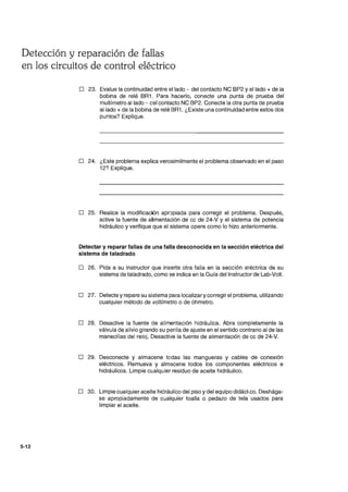 Detección y reparación de fallas
en los circuitos de control eléctrico
5-12
D 23. Evalue la continuidad entre el lado - del contacto NC BP2 y el lado + de la
bobina de relé BR1. Para hacerlo, conecte una punta de prueba del
multímetro aliado - cel contacto NC BP2. Conecte la otra punta de prueba
aliado + de la bobina de relé BR1. ¿Existe una continuidad entre estos dos
puntos? Explique.
D 24. ¿Este problema explica verosimilmente el problema observado en el paso
12? Explique.
D 25. Realice la modificación apropiada para corregir el problema. Después,
active la fuente de alimentación de cc de 24-V y el sistema de potencia
hidráulico y verifique que el sistema opere como lo hizo anteriormente.
Detectar y reparar fallas de una falla desconocida en la sección eléctrica del
sistema de taladrado
D 26. Pida a su instructor que inserte otra falla en la sección eléctrica de su
sistema de taladrado, como se indica en la Guía del Instructor de Lab-Volt.
D 27. Detecte y repare su sistema para localizar ycorregir el problema, utilizando
cualquier método de voltímetro o de óhmetro.
D 28. Desactive la fuente de alimentación hidráulica. Abra completamente la
válvula de alivio girando su perilla de ajuste en el sentido contrario al de las
manecillas del reloj. Desactive la fuente de alimentación de cc de 24-V.
D 29. Desconecte y almacene todas las mangueras y cables de conexión
eléctricos. Remueva y almacene todos los componentes eléctricos e
hidráulicos. Limpie cualquier residuo de aceite hidráulico.
D 30. Limpie cualquier aceite hidráulico del piso ydel equipo didáctico. Deshága-
se apropiadamente de cualquier toalla o pedazo de tela usados para
limpiar el aceite.
 