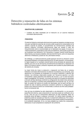 Ejercicio 5-2
Detección y reparación de fallas en los sistemas
hidráulicos controlados eléctricamente
OBJETIVO DEL EJERCICIO
• Localizar las fallas insertadas por el instructor en un sistema hidráulico
controlado eléctricamente.
PRINCIPIOS
El sistema hidráulico controlado eléctricamente puede ser bastante complejo ya que
una gran cantidad de sistemas de circuitos están usualmente involucrados en tal
sistema. Cuando es posible, el procedimiento de mantenimiento periódico del
sistema hidráulico controlado eléctricamente debe ser llevado a cabo tan
frecuentemente como el recomendado por el fabricante del equipo. Si ocurre un
malfuncionamiento cuando llevaa cabo este procedimiento, éste puede usualmente
ser localizado muy fácilmente. Con frecuencia, el equipo manual tendrá listas de
fallas típicas y sus causas probables. Este tipo de información, junto con esquemas
eléctricos e hidráulicos, puede ser útil y ahorradora tiempo.
Sin embargo, un malfuncionamiento puede aparecer durante la utilización normal
del sistema hidráulico controlado eléctricamente. En esta situación, un acercamien-
to lógico basado en un acertado entendimiento de los principios de operación del
sistema, así como el uso de buenos procedimientos de detección y reparación de
fallas minimizará el tiempo y esfuerzo requerido para localizar la pieza defectuosa
del sistema de circuitos.
La mejor forma de iniciar la detección y reparación de fallas de un sistema
hidráulico controlado eléctricamente es observar el problema y sus síntomas, para
determinar si el problema es localizado en la sección hidráulica o eléctrica del
sistema. Los síntomas observados pueden con frecuencia apuntar a un sólo
componente o pieza específica del sistema de circuitos, y ya no será necesario
seguir investigando. Por ejemplo, si la presión del sistema no puede ser alcanzada
y la razón de flujo disminuye conforme la configuración de presión de la válvula de
alivio se incrementa, la bomba está probablemente funcionando mal. Si, por otro
lado, la presión del sistema no puede ser alcanzada, pero la razón de flujo y la
presión de todo el sistema permanece constante conforme la configuración de
presión de la válvula de alivio es incrementada, la válvula de alivio está probable-
mente funcionando mal.
Una vez que el problema ha sido relacionado a una derivación o a una sección
específica del sistema, cada componente en esa área puede ser verificado uno a
la vez. Una vez que un componente defectuoso ha sido localizado, debe ser
precavido antes de llegar a cualquier conclusión. En ciertos casos inusuales, el
problema puede ser causado por más de un componente defectuoso. Por lo tanto,
debe estar seguro de que el malfuncionamiento descubierto explique verosimilmen-
te el problema observado. Si no, es más probable que exista otro componente
defectuoso el cual completaría la explicación del problema.
5-15
 