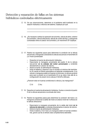 Detección y reparación de fallas en los sistemas
hidráulicos controlados eléctricamente
5-20
D 15. De sus observaciones, determine si el problema está localizado en la
sección hidráulica o eléctrica del sistema. Explique por qué.
D 16. ¿Es necesario verificar la operación de la bomba, válvula de alivio, colector
de suministro, válvula direccional, válvula de control de flujo, y mangueras
conectadas entre el colectcr de suministro y el manómetro B? Explique.
D 17. Realice los siguientes pasos para determinar la condición de la válvula
secuencial y mangueras conectando la válvula secuencial al manómetro B
yal motor pulverizador
Desactive la fuente de alimentación hidráulica.
Desconecte la manguera proveniente del puerto S de la válvula
secuencial en la entrada del motor pulverizador y conéctela
directamente al :olector de retorno.
Active la fuente de alimentación hidráulica.
Inicie el sistema y observe lo que le sucede a la lectura del manóme-
tro B cuando el cilindro abrazadera se extiende completamente. Si la
válvula y mangueras están en buenas condiciones, la válvula se abrirá
para que la presión en el manómetro B no se eleve más allá de la
configuración de presién de la válvula 21 OO-kPa (300-psi).
¿Parecen estar en buenas condiciones la válvula y las mangueras?
D Sí D No
D 18. Desactive la fuente de alimentación hidráulica. Vuelva a conectar el puerto
S de la válvula secuencial a la entrada del motor.
D 19. Realice los siguientes pasos para determinar la condiciór del motor y la
manguera conectando la salida del motor al colector móvil de 4 orificios en
la válvula direccional:
Desconecte la manguera proveniente de la salida del motor en la
válvula de retención y conéctela directamente al cole:;tor de retorno.
Active la fuente de alimentación hidráulica.
Inicie el sistema Si el rlotor y la manguera están en buenas condicio-
nes, girará cuando el cilindro está completamente extendido.
 
