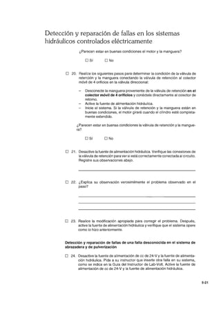 Detección y reparación de fallas en los sistemas
hidráulicos controlados eléctricamente
¿Parecen estar en buenas condiciones el motor y la manguera?
o Sí O No
o 20. Realice los siguientes pasos para determinar la condición de la válvula de
retención y la manguera conectando la válvula de retención al colector
móvil de 4 orificios en la válvula direccional:
Desconecte la manguera proveniente de la válvula de retención en el
colector móvil de 4 orificios y conéctela directamente al colector de
retorno.
Active la fuente de alimentación hidráulica.
Inicie el sistema. Si la válvula de retención y la manguera están en
buenas condiciones, el motor girará cuando el cilindro esté completa-
mente extendido.
¿Parecen estar en buenas condiciones la válvula de retención y la mangue-
ra?
o Sí O No
o 21. Desactive la fuente de alimentación hidráulica. Verifique las conexiones de
la válvula de retención para ver si está correctamente conectada al circuito.
Registre sus observaciones abajo.
o 22. ¿Explica su observación verosimilmente el problema observado en el
paso?
o 23. Realice la modificación apropiada para corregir el problema. Después,
active la fuente de alimentación hidráulica y verifique que el sistema opere
como lo hizo anteriormente.
Detección y reparación de fallas de una falla desconocida en el sistema de
abrazadera y de pulverización
o 24. Desactive la fuente de alimentación de cc de 24-Vy la fuente de alimenta-
ción hidráulica. Pida a su instructor que inserte otra falla en su sistema,
como se indica en la Guía del Instructor de Lab-Volt. Active la fuente de
alimentación de cc de 24-V y la fuente de alimentación hidráulica.
5-21
 